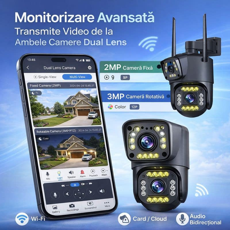 Cameră de supraveghere WiFi Dual Lens – Fixă + Rotativă, V380 Pro 5mp