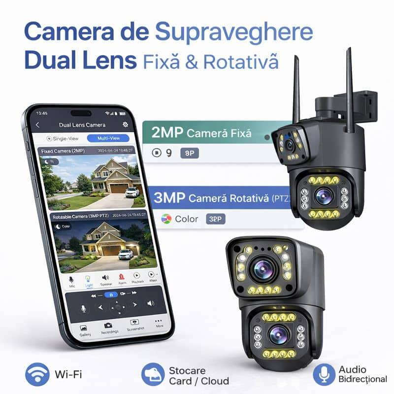 Cameră de supraveghere WiFi Dual Lens – Fixă + Rotativă, V380 Pro 5mp
