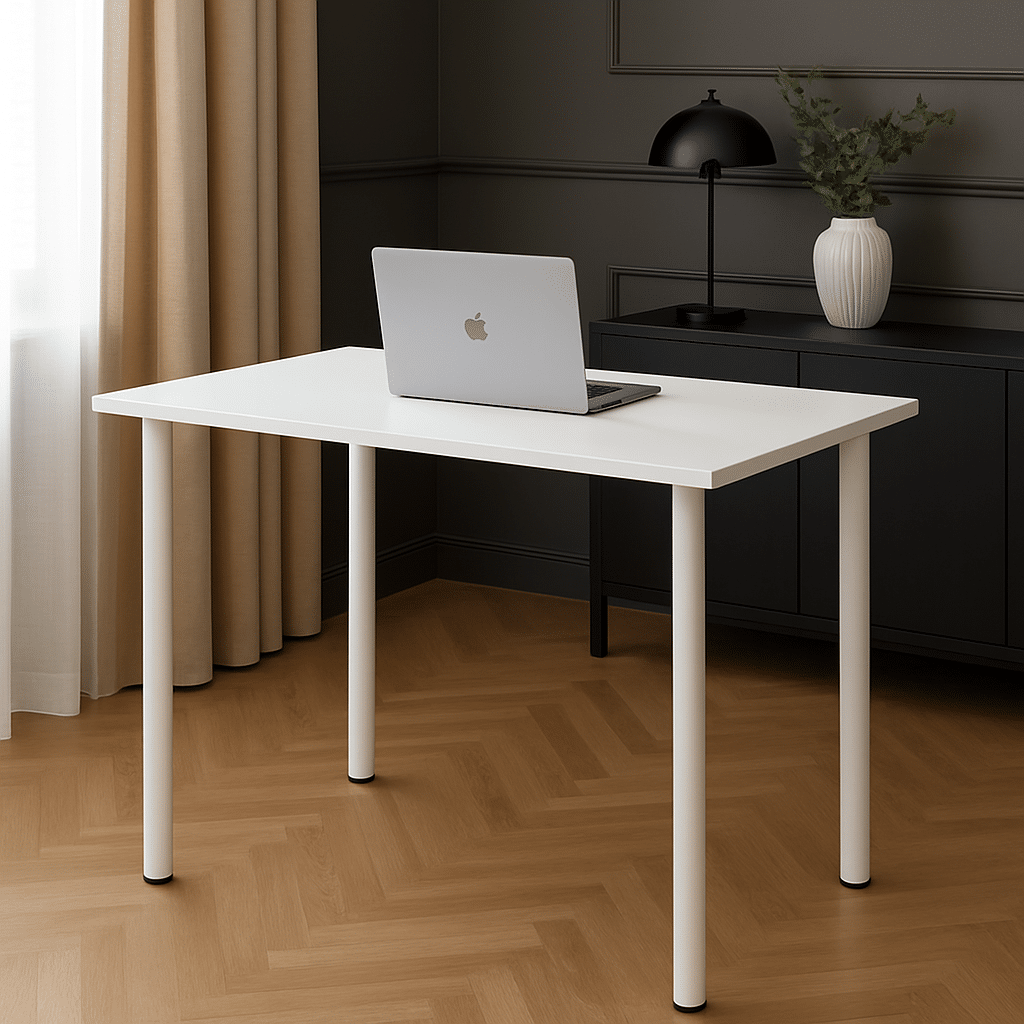 Masă birou Modernă Albă, 100x60x74 cm — Design Minimalist, Blat MDF și Picioare Metalice”
