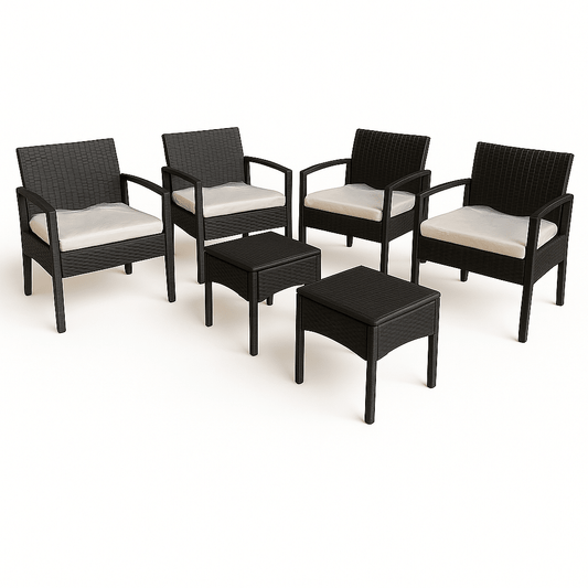Set Mobilier de Grădină din Ratan Sintetic – 4 Scaune cu Perne + 2 Mese Asortate, Design Modern Elegant