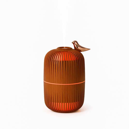 Umidificator Aromaterapie Design Colivie cu Păsărică – 280ml, Lemn Decorativ, Lumină LED 7 Culori, Ultrasilentios