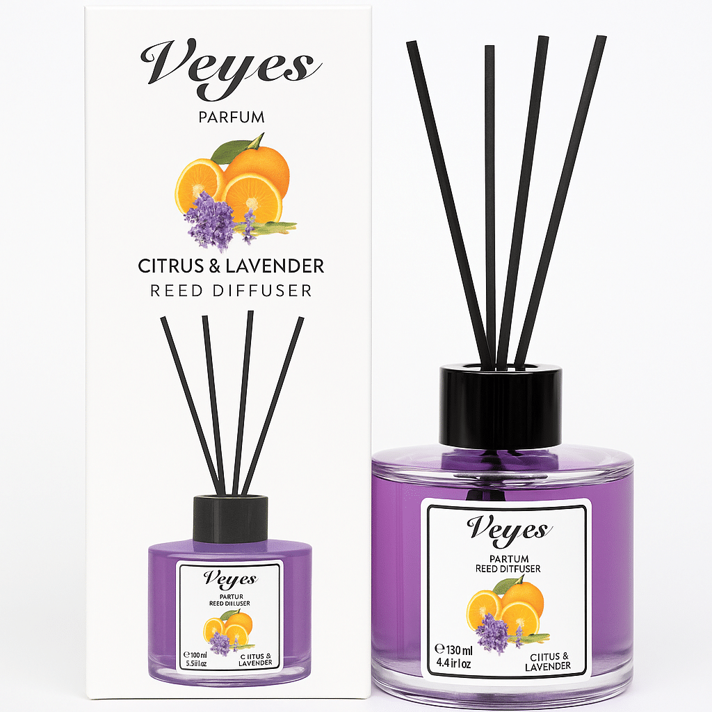 Odorizant cameră Veyes Citrus &amp; Lavender – 130 ml Difuzor cu bețișoare, aromă de citrice și lavandă