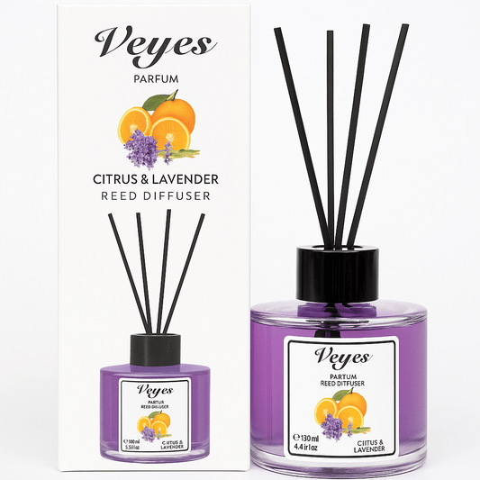 Odorizant cameră Veyes Citrus &amp; Lavender – 130 ml Difuzor cu bețișoare, aromă de citrice și lavandă