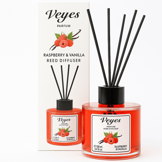 Odorizant cameră Veyes Raspberry &amp; Vanilla – 130 ml Difuzor cu bețișoare, aromă de zmeură și vanilie