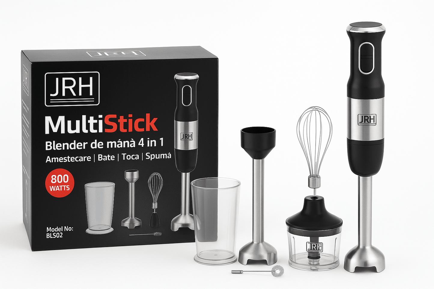 Set blender de mana 4 in 1, 800W JRH multiStick Inox, Accesorii Incluse