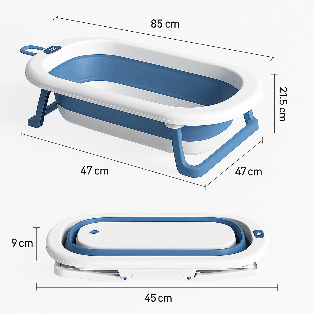 cadita cu pernuta pentru bebelusi termometru digital incorporat pliabila dop de scurgere picioare anti alunecare design ergonomic albastru