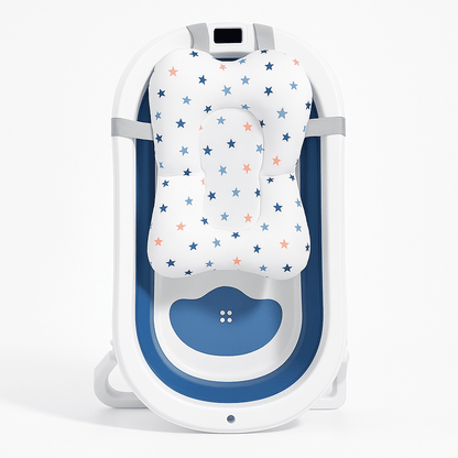 cadita cu pernuta pentru bebelusi termometru digital incorporat pliabila dop de scurgere picioare anti alunecare design ergonomic albastru