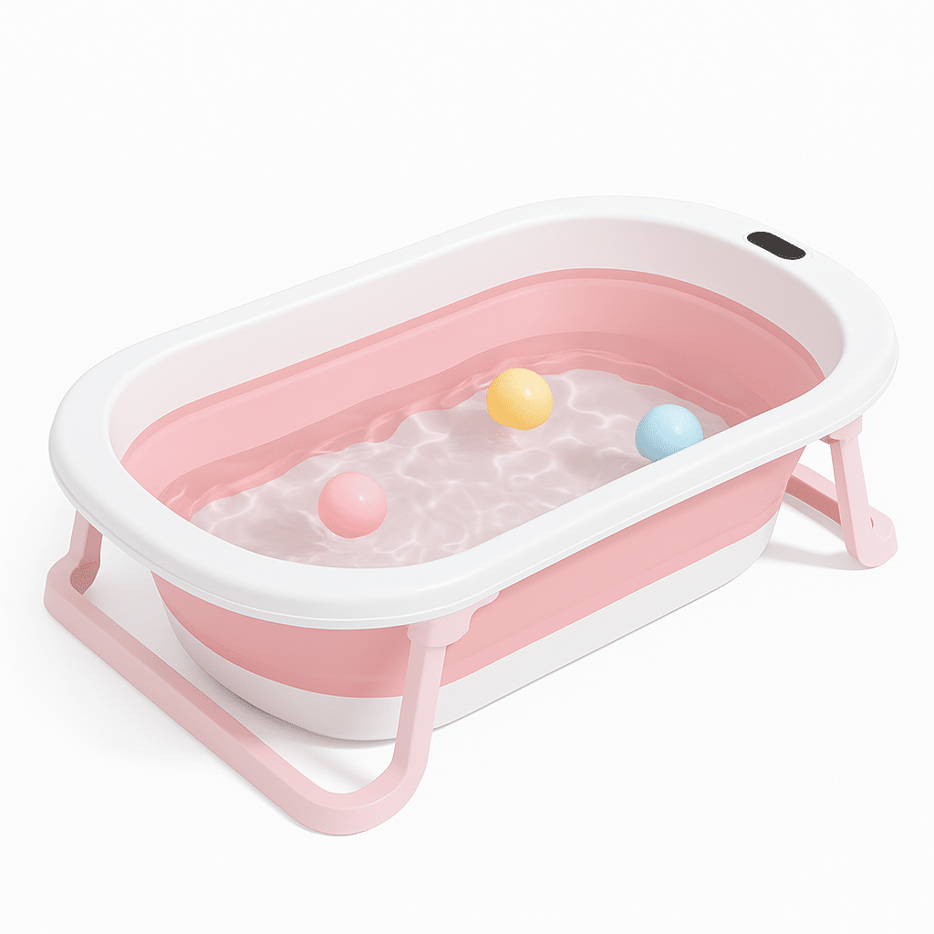 cadita cu pernuta pentru bebelusi termometru digital incorporat pliabila dop de scurgere picioare anti alunecare design ergonomic roz