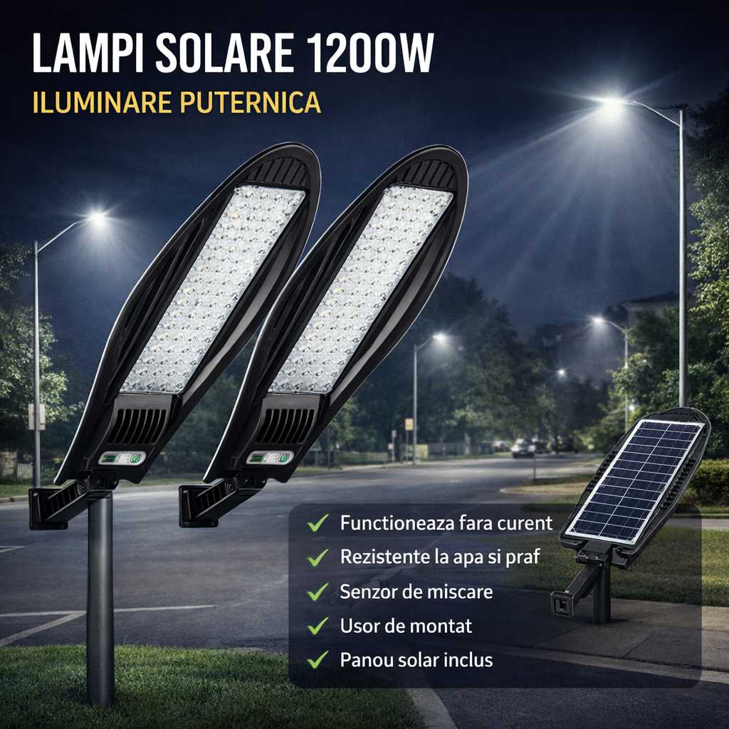 SET 2 x Lampa Stradala 1200W, Incarcare Solara, 65 CM