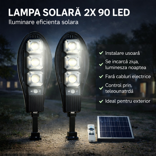 SET 2 x Lampa Stradala cu 90 LED-uri, Incarcare Solara