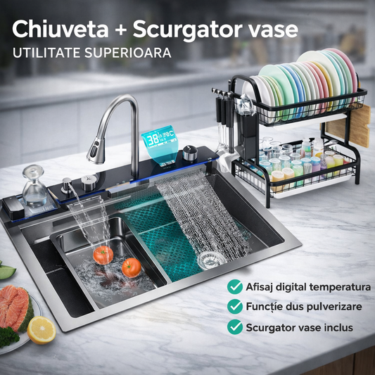 Chiuveta de bucatarie otel inoxidabil, afisaj digital temperatura apa + scurgator vase