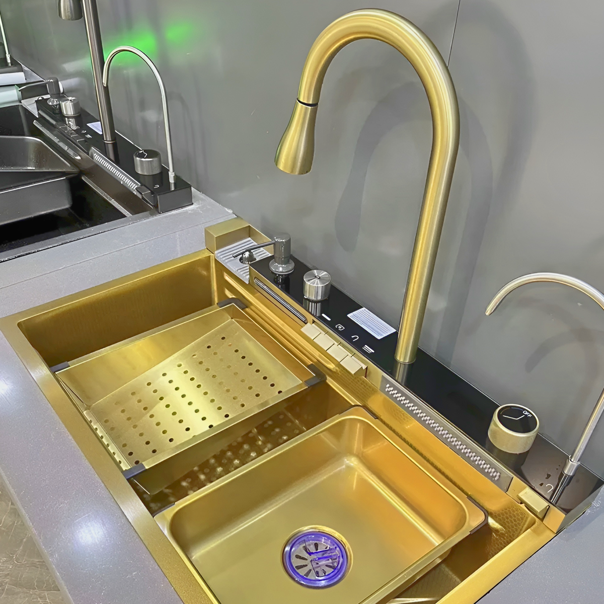 Chiuveta Bucatarie Multifunctionala cu LED, Inox, Auriu