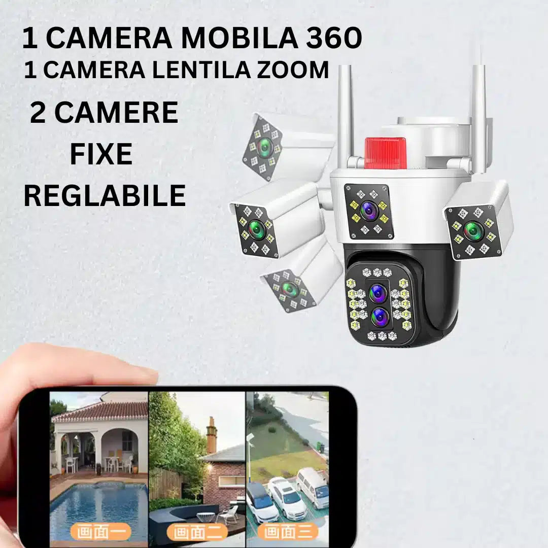 Camera de supraveghere WIFI 6K, 12MP, ZOOM 10X, 3 Camere, 1 Senzor, Control din aplicatie, Comunicare bidirectionala, Urmarire automata, Multi lens
