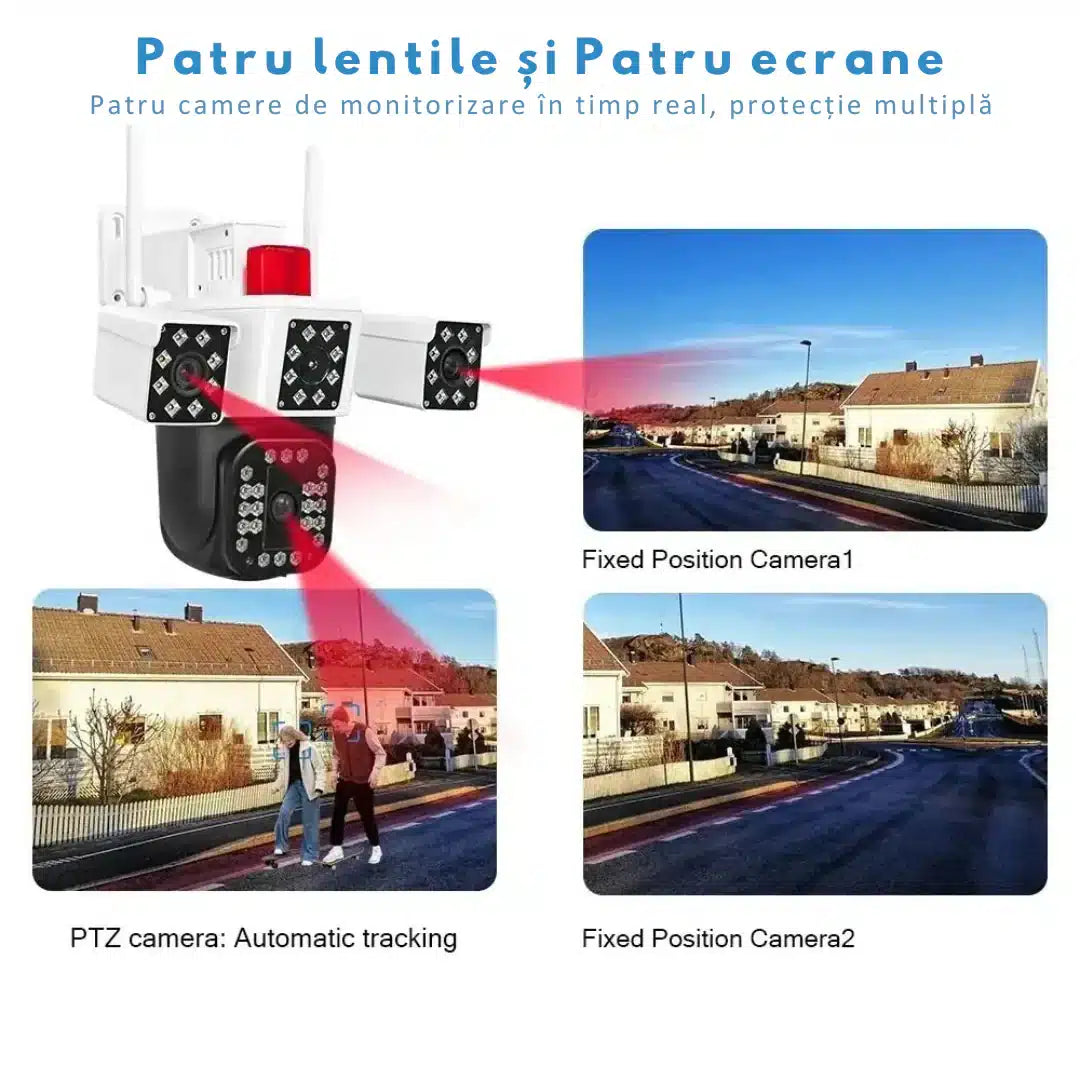 Camera de supraveghere WIFI 6K, 12MP, ZOOM 10X, 3 Camere, 1 Senzor, Control din aplicatie, Comunicare bidirectionala, Urmarire automata, Multi lens