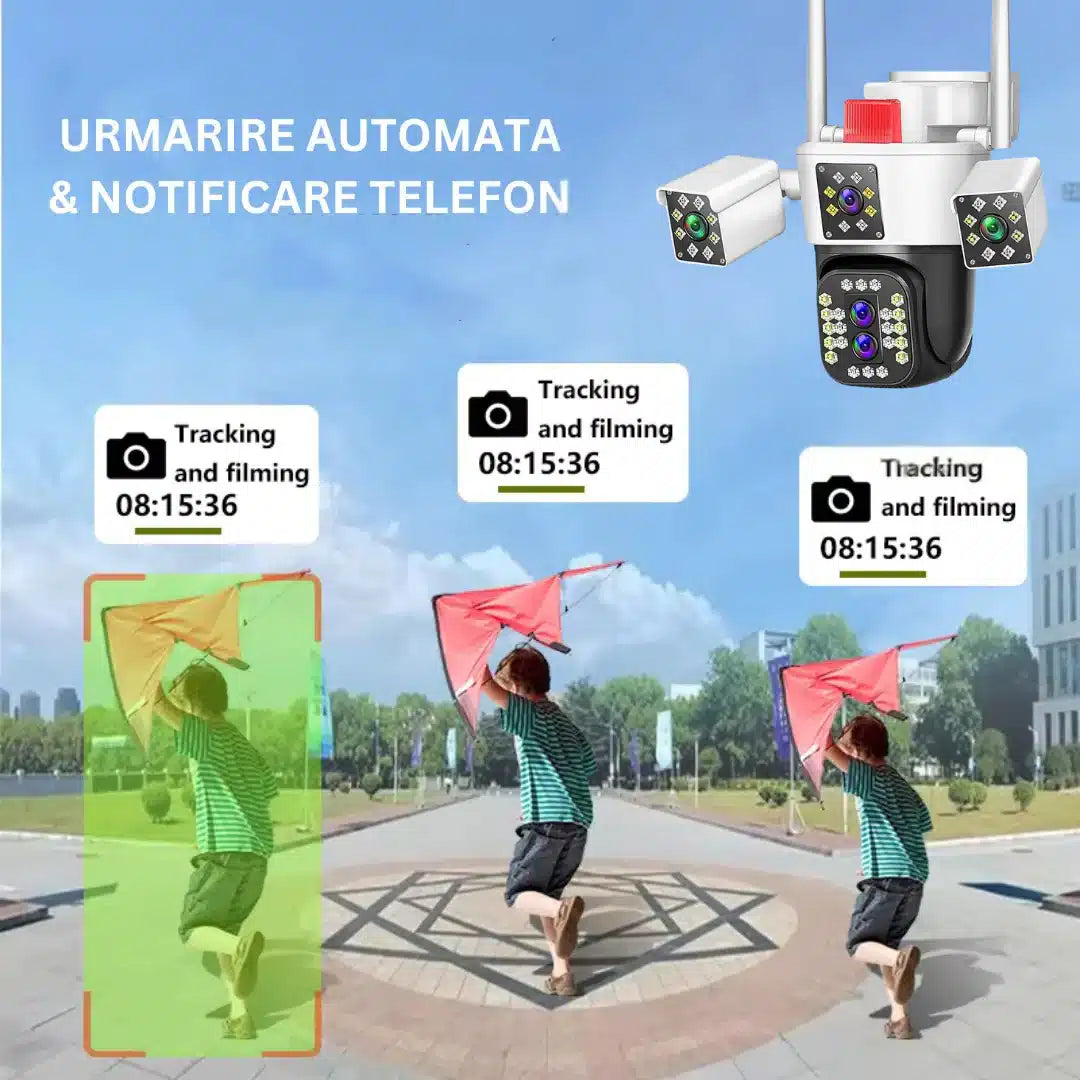 Camera de supraveghere WIFI 6K, 12MP, ZOOM 10X, 3 Camere, 1 Senzor, Control din aplicatie, Comunicare bidirectionala, Urmarire automata, Multi lens