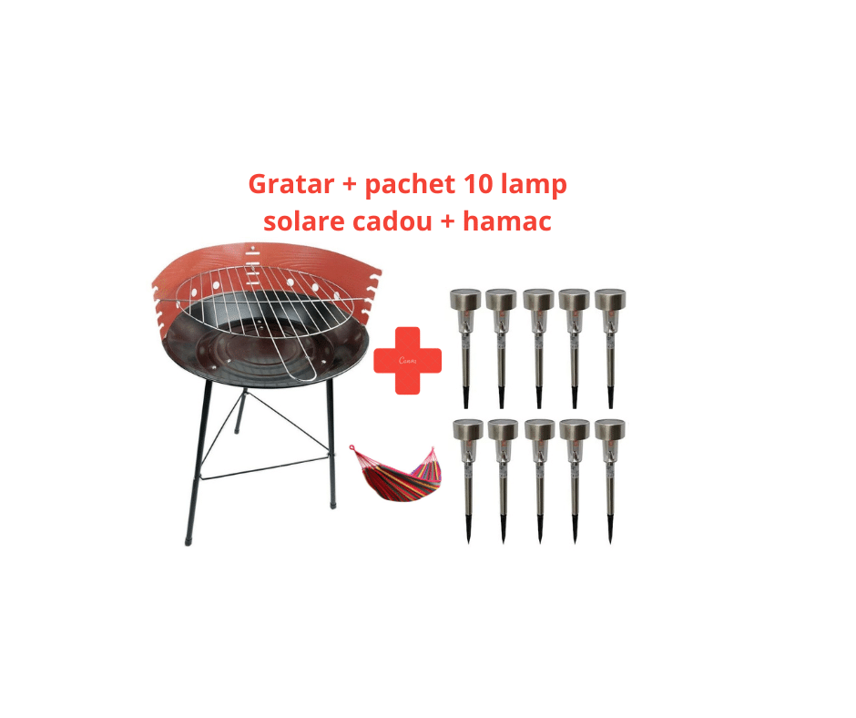 Gratar 36cm + pachet 10 lampi solare pentru gradina + hamac