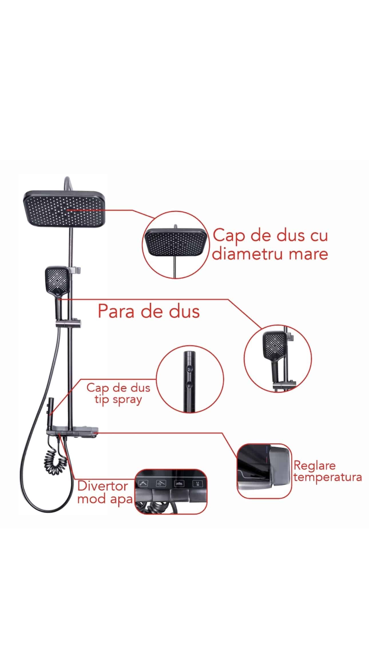 Coloana de dus, cu para fixa si para mobila, 4 functii, otel inoxidabil