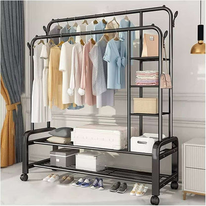 Cuier haine cu 2 suport pantofi, 5 rafturi, 135 x 50 x 162 cm