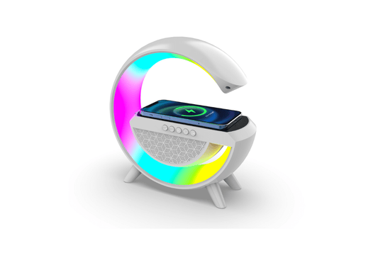 Lampa Smart LED RGB si Incarcator Wireless 15W, Lumini Ambientale, Sincronizare muzicala, Difuzor 5W, Muzica Bluetooth, USB, FM Radio, MicroSD, AUX, Afisaj Digital, Alarma, Alb
