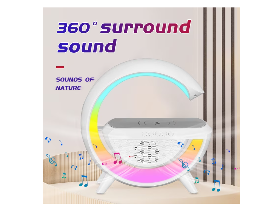 Lampa Smart LED RGB si Incarcator Wireless 15W, Lumini Ambientale, Sincronizare muzicala, Difuzor 5W, Muzica Bluetooth, USB, FM Radio, MicroSD, AUX, Afisaj Digital, Alarma, Alb