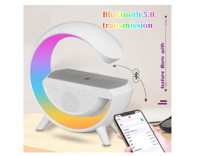 Lampa Smart LED RGB si Incarcator Wireless 15W, Lumini Ambientale, Sincronizare muzicala, Difuzor 5W, Muzica Bluetooth, USB, FM Radio, MicroSD, AUX, Afisaj Digital, Alarma, Alb