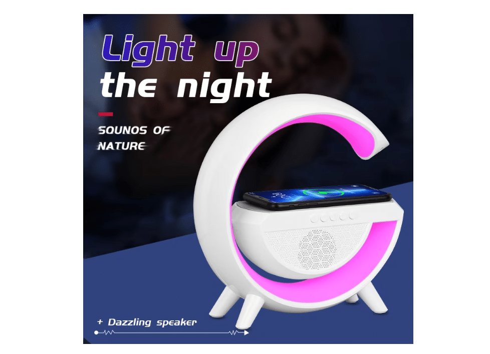 Lampa Smart LED RGB si Incarcator Wireless 15W, Lumini Ambientale, Sincronizare muzicala, Difuzor 5W, Muzica Bluetooth, USB, FM Radio, MicroSD, AUX, Afisaj Digital, Alarma, Alb