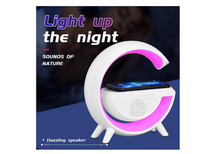 Lampa Smart LED RGB si Incarcator Wireless 15W, Lumini Ambientale, Sincronizare muzicala, Difuzor 5W, Muzica Bluetooth, USB, FM Radio, MicroSD, AUX, Afisaj Digital, Alarma, Alb