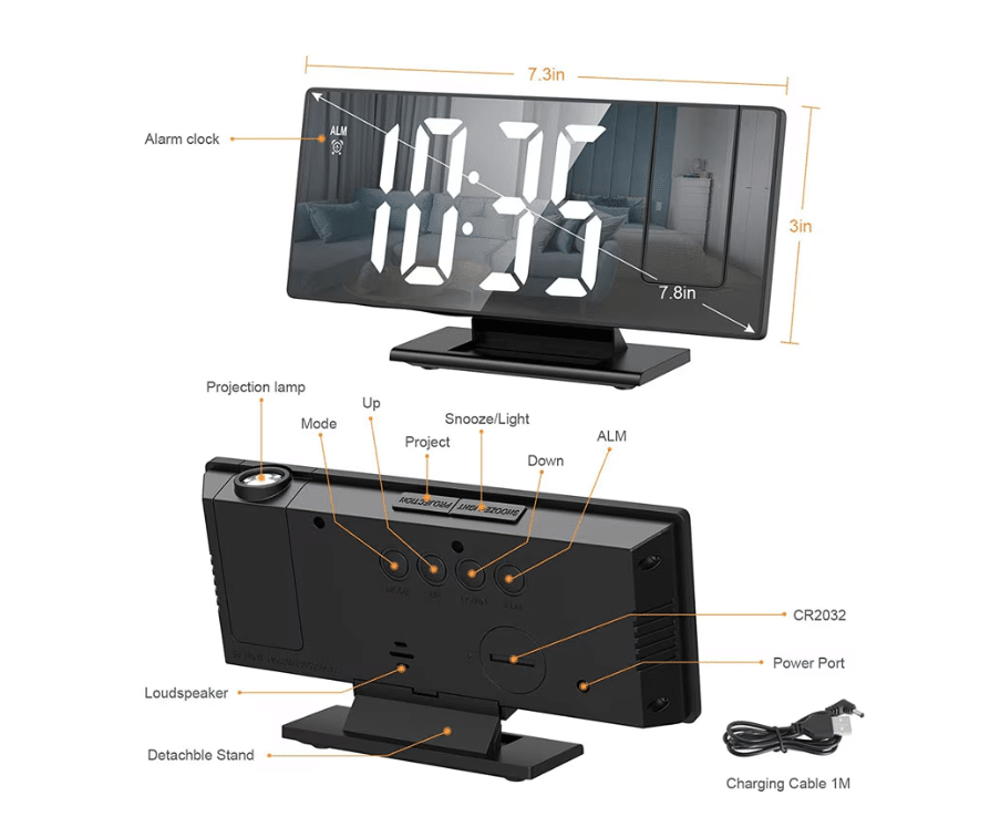 Ceas digital LED tip oglinda, alimentare cu baterii sau la retea USB, afisare temperatura, alarma, data, ora, alb