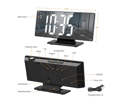 Ceas digital LED tip oglinda, alimentare cu baterii sau la retea USB, afisare temperatura, alarma, data, ora, alb