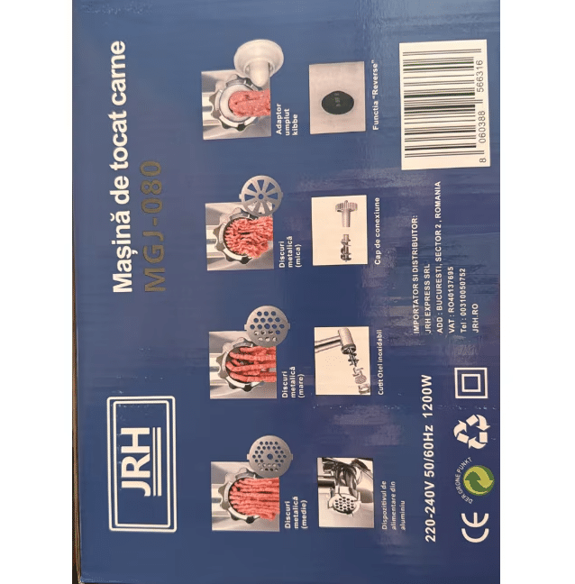 Mașină de tocat carne electrică JRH din inox – Putere mare, 3 site de tocare, accesorii cârnați