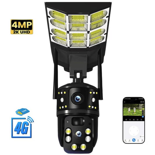 Camera de Supraveghere Duală JRH 2in1, 4G SIM, PTZ, 2 Lentile, Panou Solar 16W, Acumulator 16000 mAh, Lumină Stradală 180W, Night Vision, microSD, Negru