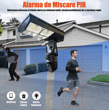 Camera de Supraveghere Duală JRH 2in1, 4G SIM, PTZ, 2 Lentile, Panou Solar 16W, Acumulator 16000 mAh, Lumină Stradală 180W, Night Vision, microSD, Negru
