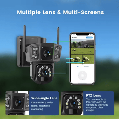 Cameră de Supraveghere Solară 4K cu Lentile Duble, 8MP, Baterie 8000mAh și Panou Solar – Detectare Mișcare, Vizualizare 360°, Rezistentă la Intemperii