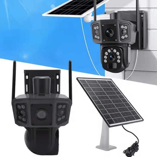 Cameră de Supraveghere Solară 4K cu Lentile Duble, 8MP, Baterie 8000mAh și Panou Solar – Detectare Mișcare, Vizualizare 360°, Rezistentă la Intemperii