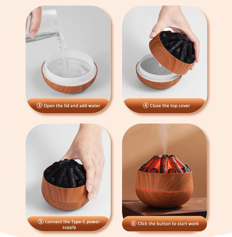 Difuzor Aromaterapie &amp; Umidificator Mini Vulcan 300ml cu Flacără LED – Design Compact, Silențios