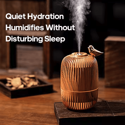 Umidificator Aromaterapie Design Colivie cu Păsărică – 280ml, Lemn Decorativ, Lumină LED 7 Culori, Ultrasilentios