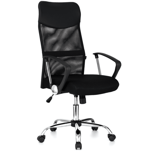 Scaun de birou ergonomic JRH, model VIRE, Negru, mecanism balans, bază oțel cromat, mesh + tetieră PU