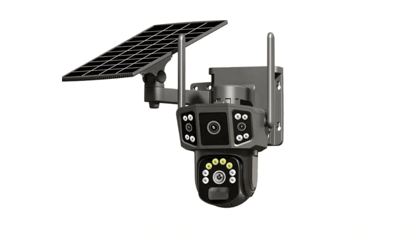 Cameră de supraveghere 4G cu panou solar, 4 camere, zoom optic 10X, detecție umană PIR, LED-uri IR și alarmă, rotație 355°/90°, rezistență la apă IP66, control prin aplicație, sistem CCTV securizat.