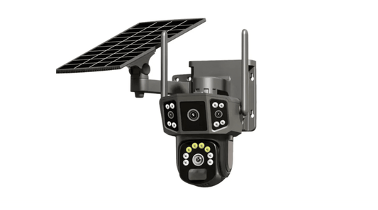 Cameră de supraveghere 4G cu panou solar, 4 camere, zoom optic 10X, detecție umană PIR, LED-uri IR și alarmă, rotație 355°/90°, rezistență la apă IP66, control prin aplicație, sistem CCTV securizat.