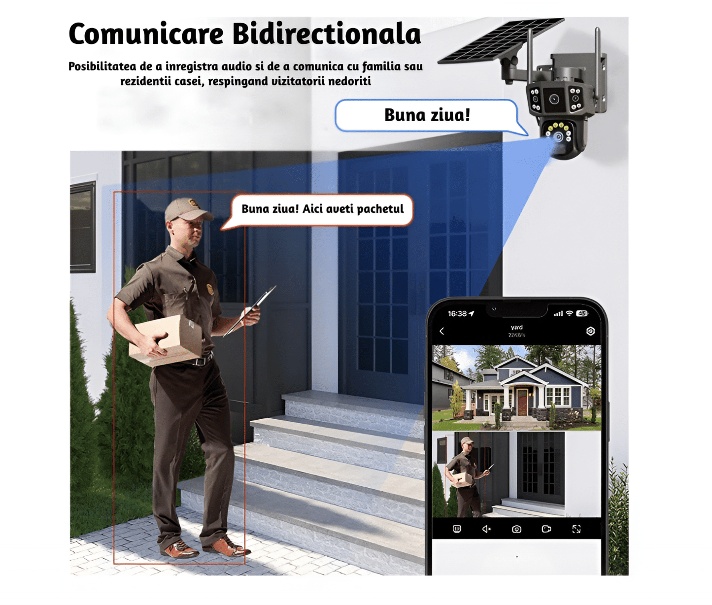 Cameră de supraveghere 4G cu panou solar, 4 camere, zoom optic 10X, detecție umană PIR, LED-uri IR și alarmă, rotație 355°/90°, rezistență la apă IP66, control prin aplicație, sistem CCTV securizat.