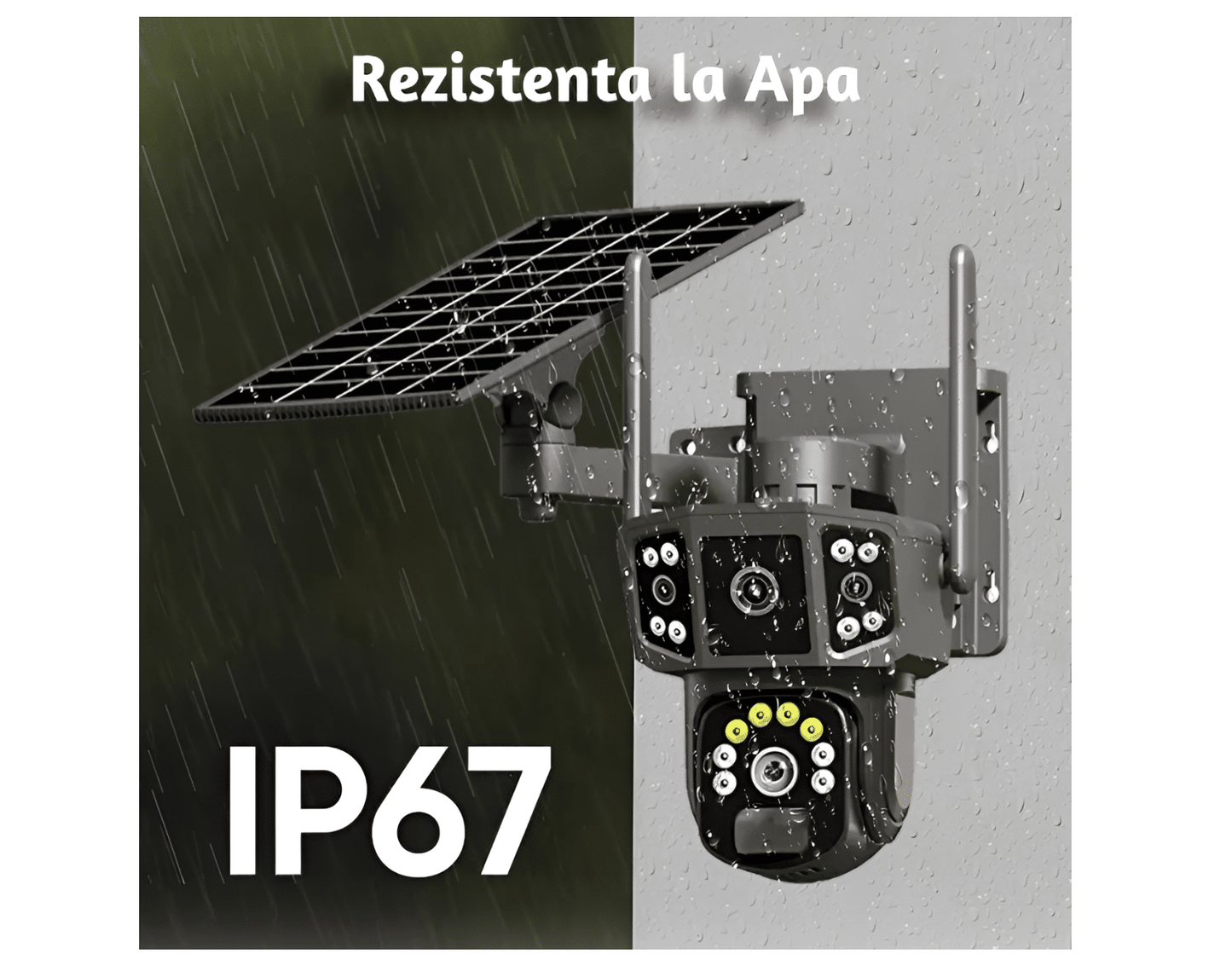 Cameră de supraveghere 4G cu panou solar, 4 camere, zoom optic 10X, detecție umană PIR, LED-uri IR și alarmă, rotație 355°/90°, rezistență la apă IP66, control prin aplicație, sistem CCTV securizat.