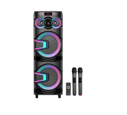 Boxă portabilă JRH 700W cu 2 difuzoare de 10”, Bluetooth, USB/SD, LED RGB, 2 microfoane wireless, conexiune pentru microfon și chitară, autonomie 3–5 ore și telecomandă inclusă.