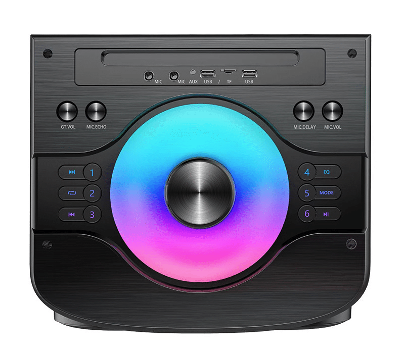 Boxă portabilă JRH 700W cu 2 difuzoare de 10”, Bluetooth, USB/SD, LED RGB, 2 microfoane wireless, conexiune pentru microfon și chitară, autonomie 3–5 ore și telecomandă inclusă.