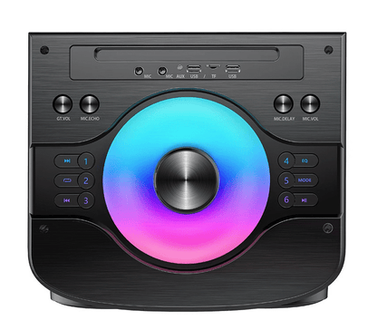 Boxă portabilă JRH 700W cu 2 difuzoare de 10”, Bluetooth, USB/SD, LED RGB, 2 microfoane wireless, conexiune pentru microfon și chitară, autonomie 3–5 ore și telecomandă inclusă.