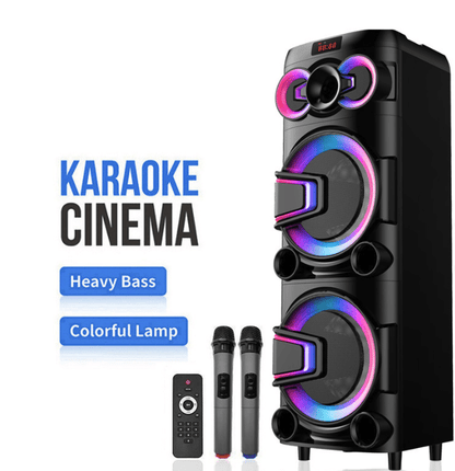 Boxă portabilă JRH 700W cu 2 difuzoare de 10”, Bluetooth, USB/SD, LED RGB, 2 microfoane wireless, conexiune pentru microfon și chitară, autonomie 3–5 ore și telecomandă inclusă.