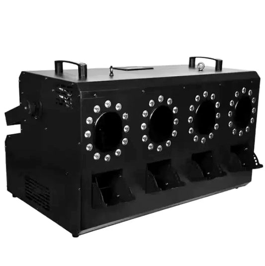 Mașină Profesională de Baloane cu Fum – 4 Duze, DMX 8 Canale, LED RGB, Telecomandă Wireless, 1500W