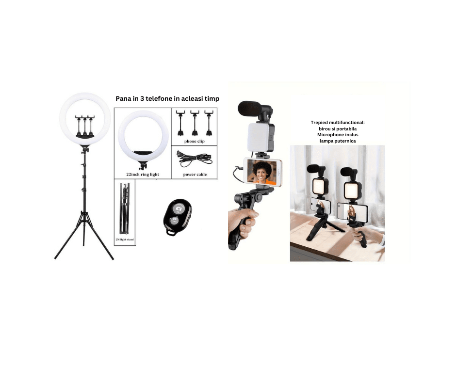 Pachet creare continut video online lampa circulara de 3 telefone 58 cm plus trepied multifunctional cu lampa si microphone incorporat plus telecomanda selfie cadou
