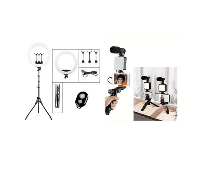 Pachet creare continut video online lampa circulara de 3 telefone 58 cm plus trepied multifunctional cu lampa si microphone incorporat plus telecomanda selfie cadou