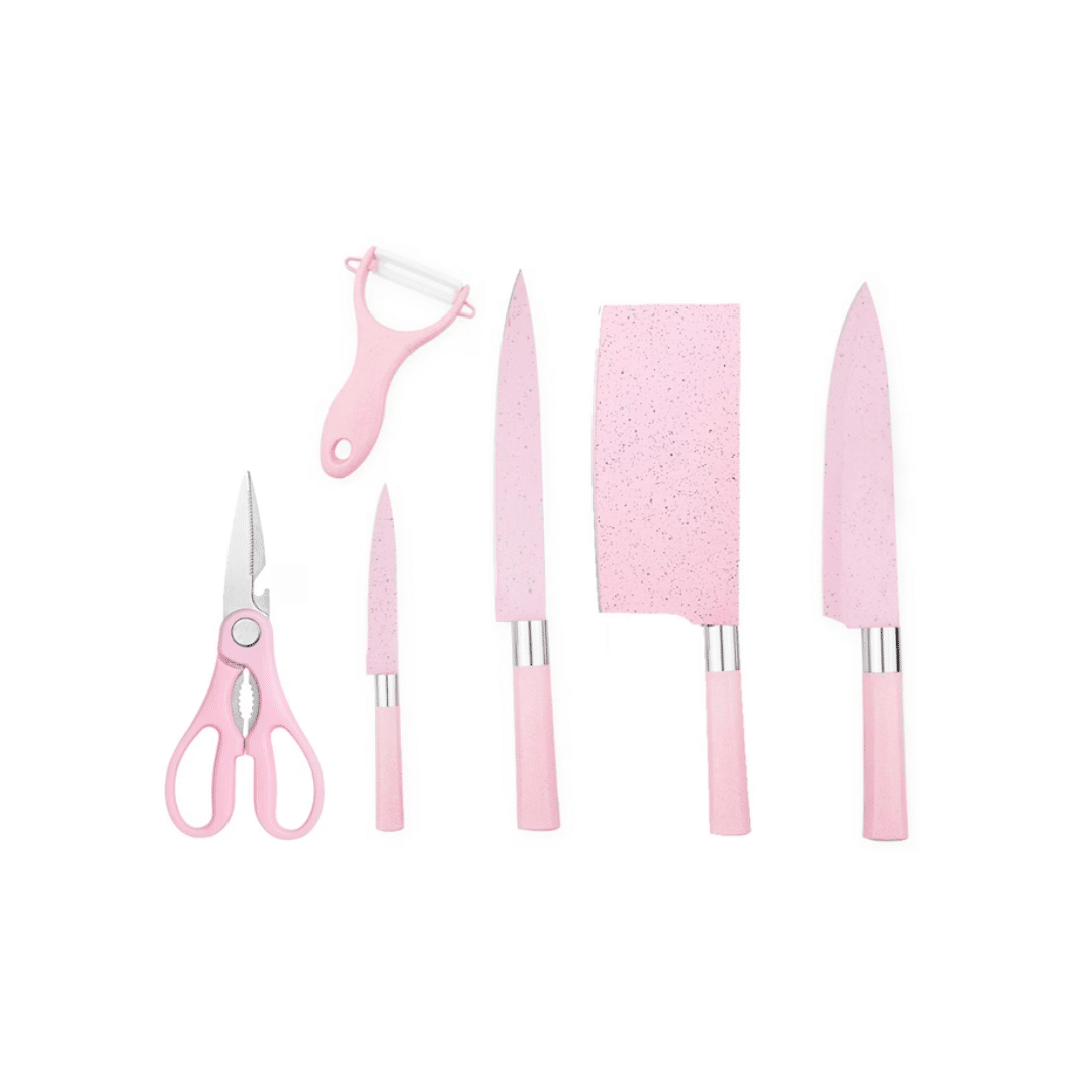 Set cuțite 6 piese – chef, pâine, satăr, decojit, foarfecă, fructe &amp; legume – aliaj 3Cr13, antiaderent, roz