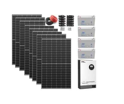 pachet 5kw ,9 panouri 540 canadian solar hiku6 invertor 5,2 kw hybird pro, 4 acumlatori 120a, mufe mc4 si cabluri 20mx4mm